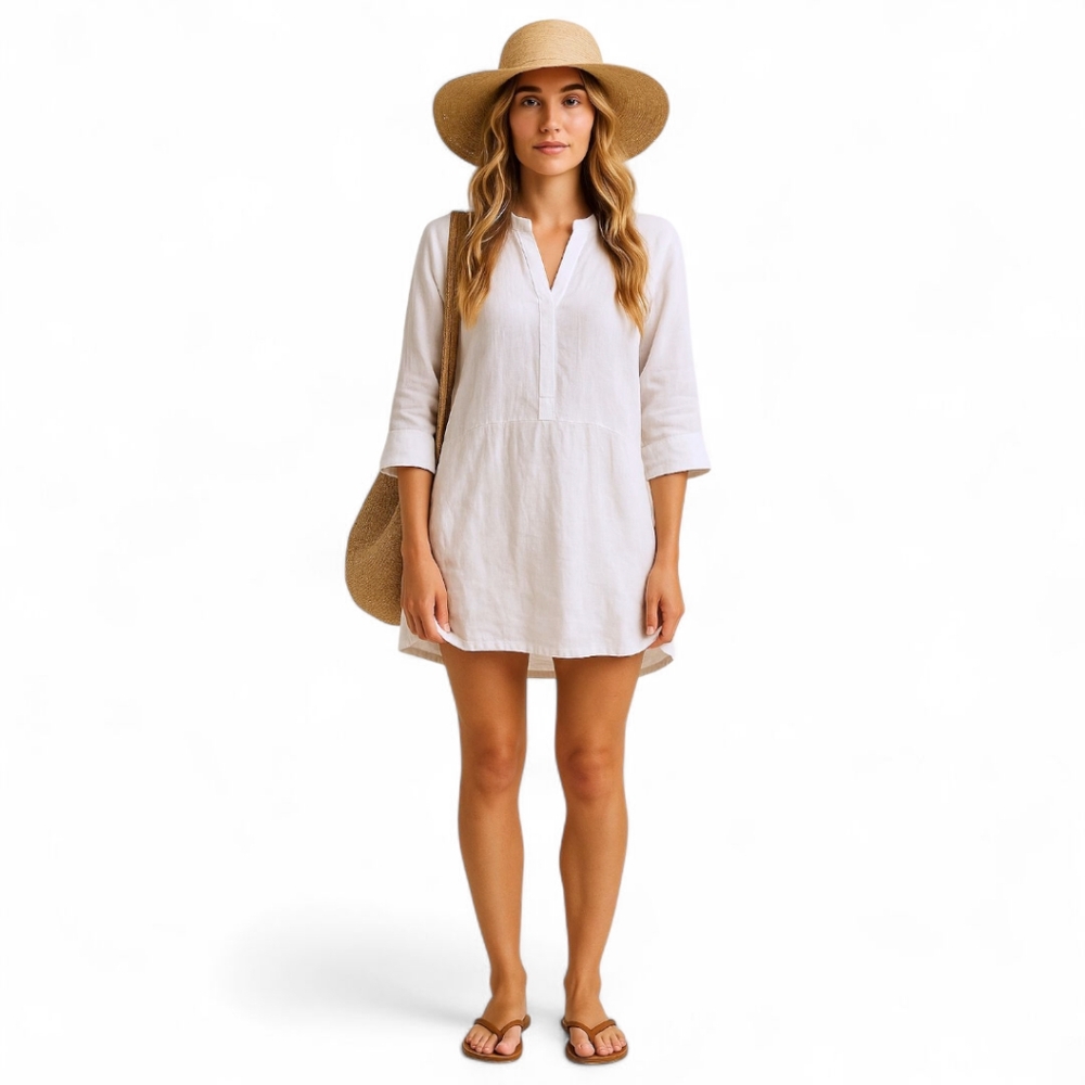 Peck & Peck White Linen Tunic Top Lagenlook‎ Minimalist Beachy Roll Tab Sz L